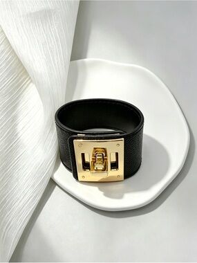 Black Leather Cuff Bracelet with Gold Turn-Lock